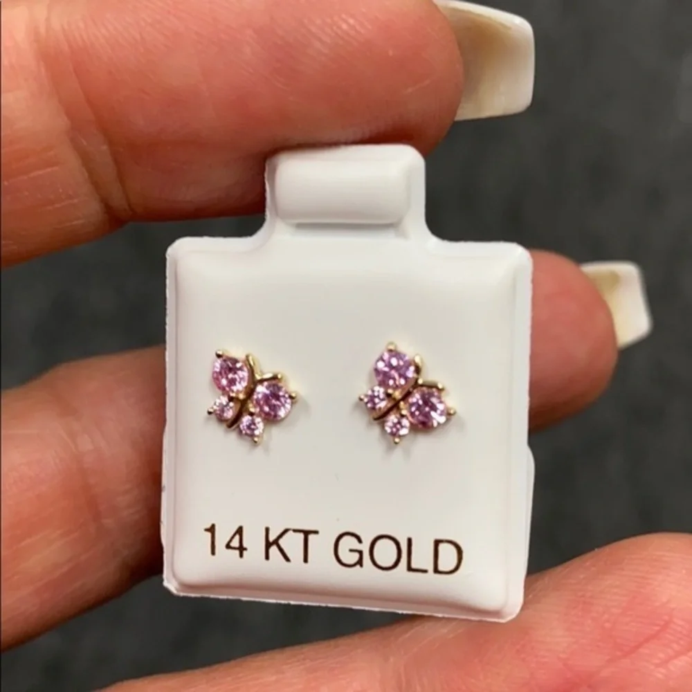 New 14k solid yellow Gold Butterfly Pink CZ Earrings